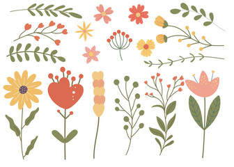 Summertime seamless pattern with hand drawn beautiful flowers, wildflower. Floral summer background. Vintage romantic print. Vector flat illustration