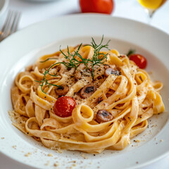 Fettuccine pasta, a realistic stock photo on a white background,