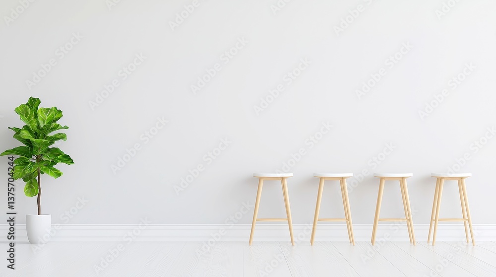 Poster gradient wall transitioning from light gray to white, minimal stools arranged neatly, open area desi