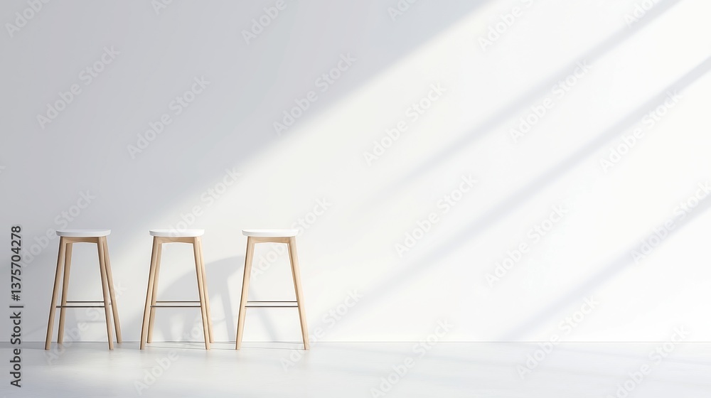 Poster gradient wall transitioning from light gray to white, minimal stools arranged neatly, open area invi