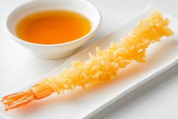 Serving Tempura Shrimp with Dipping Sauce on White Rectangular Plate