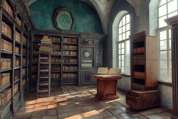 Old library filled with books and ancient decor in a sunlit room