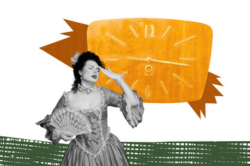 Trend artwork 3D collage of clock time hour young lady confused face hand hold air fan aristocracy...