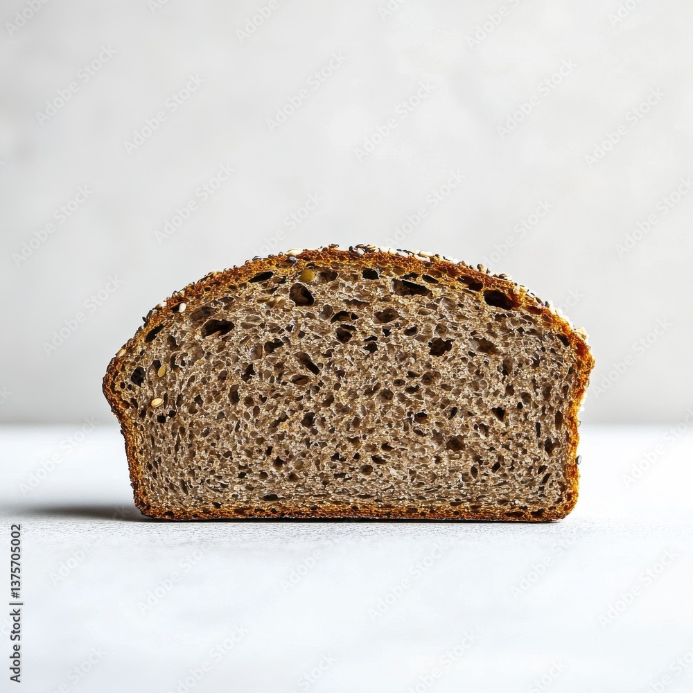 Poster Rye Bread Slice with Seeds: Close-Up of Rustic, Dark Crumb and Nutritious Texture on a Neutral Backdrop