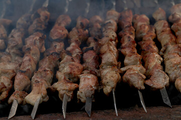 Kebab barbecue on coals smoke and meat, texture Bbq cooking close-up