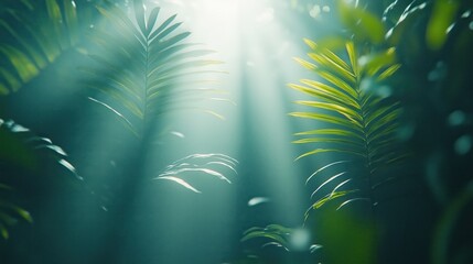 A lush green forest with sunlight shining through the leaves. The sunlight creates a serene and peaceful atmosphere, highlighting the beauty of nature