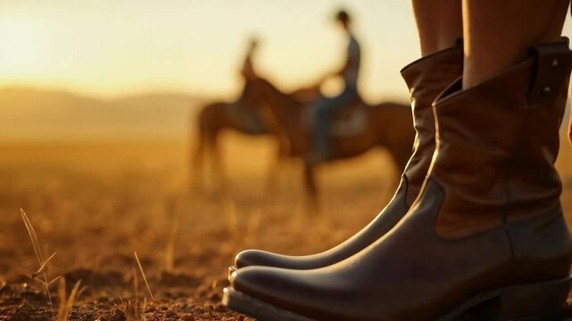Botas vaqueras en paisaje rural al atardecer en llanura de Costa Rica