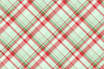 Elegant diagonal plaid pattern in soft mint green, coral pink, and red.  Ideal for textile design, wrapping paper, or festive backgrounds.
