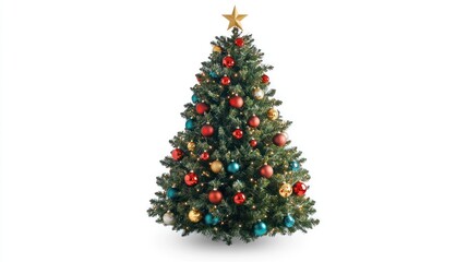 Naklejka premium Decorated Christmas tree with red, gold, and teal ornaments and a gold star.