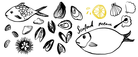 Obraz premium Seafood drawings, restaurant menu minimal line illustrations of fish, shells, mussel and sea urchin. Freehand ink sketch art