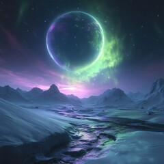 Surreal Night Landscape with Celestial Body and Colorful Aurora