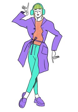Illustration of a Girl Listening to Music and Dancing