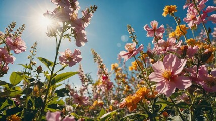 Blooming Flower Field Under Bright Sun and Blue Sky Background