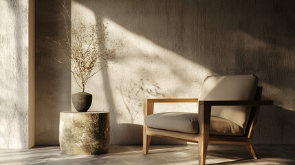 Minimalist chair and vase in warm sunlight against textured wall for calm home interior aesthetic.