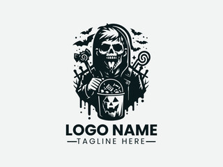 Skinned Boy Witch Hat Candy Basket Holiday Vector Logo Design, Boy Witch Hat Candy Logo