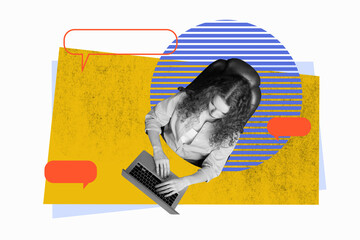 Trendy art creative vertical photo collage of serious girl sit workplace type message laptop...