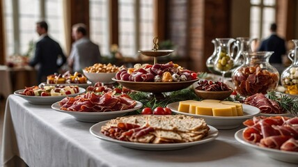 A beautifully arranged spread of gourmet appetizers featuring charcuterie, cheeses, and fruits, perfect for a social gathering.