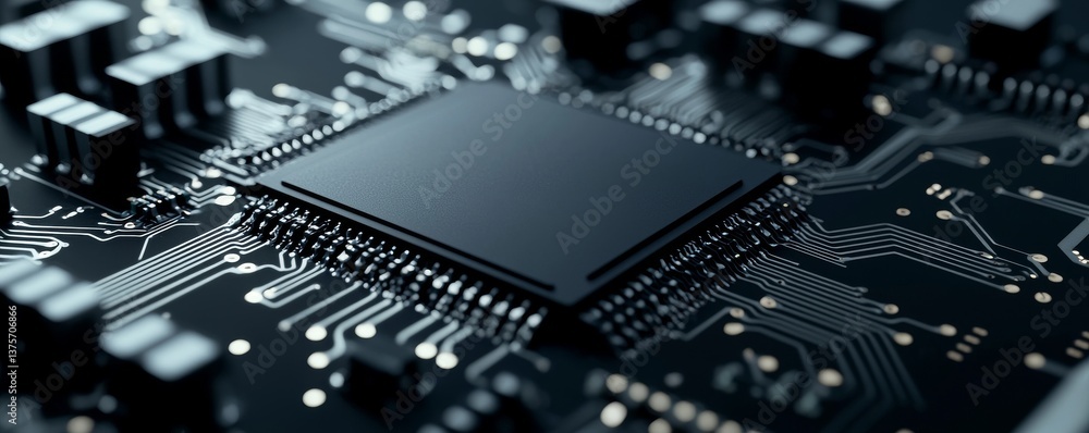 Poster close-up of a modern microchip on a circuit board, highlighting intricate details.