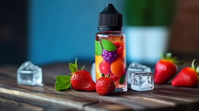 Ice fruit vape juice with strawberries and ice cubes