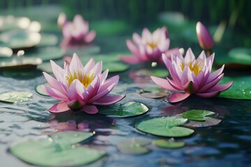 Elegant Water Lilies Blooming in Tranquil Waters Under Soft Sunlight. Generative AI