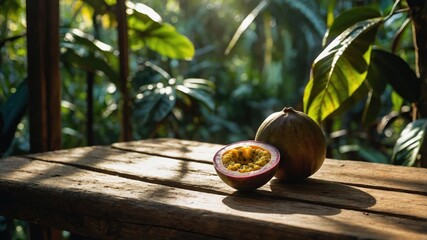 Passion Fruit Still Life on Wooden Table with Tropical Background
