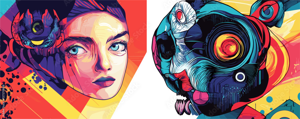 Poster colorful abstract portraits with psychedelic patterns and surreal faces - vector.