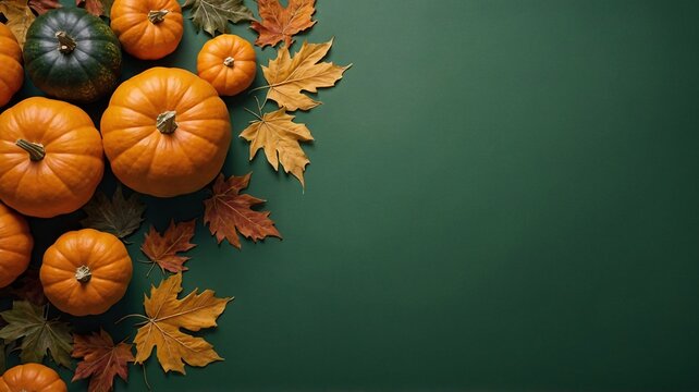 A vibrant display of orange pumpkins and autumn leaves on a green background, perfect for fall-themed decorations.