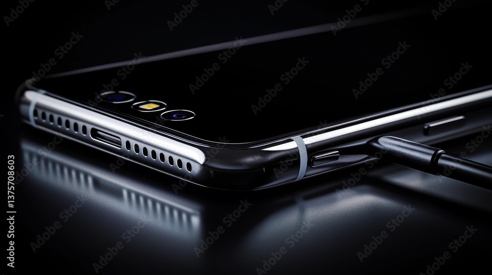 Poster close-up view of a modern smartphone with sleek design and charging port in focus.