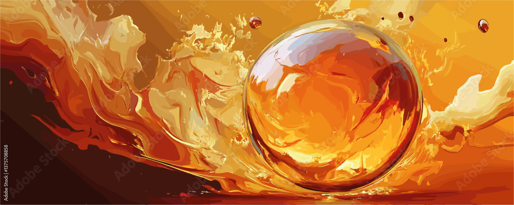 Poster dynamic splashing liquid and reflective sphere in warm hues - vector.