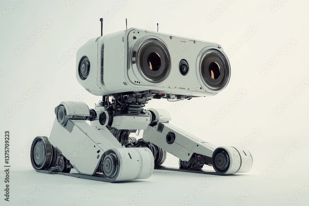 Poster robot with unique design stands on wheels against light background