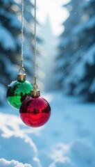 Red and green balls hanging from a string amidst a blue snowy scene, blue, ornaments
