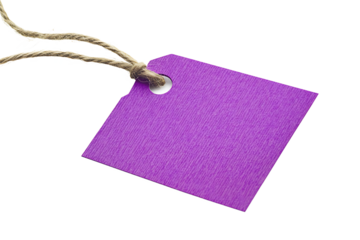 A purple tag with a string attached to it on a black background in a studio setting close up view