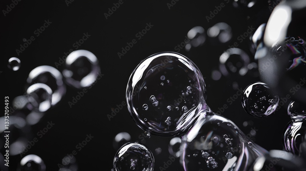 Poster detailed close-up of translucent bubbles with reflections on a dark background.