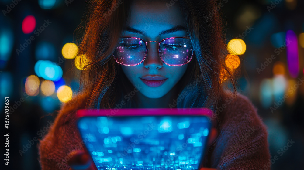 Poster nighttime mobile marketing: woman using smartphone with ai for website optimization and digital stra