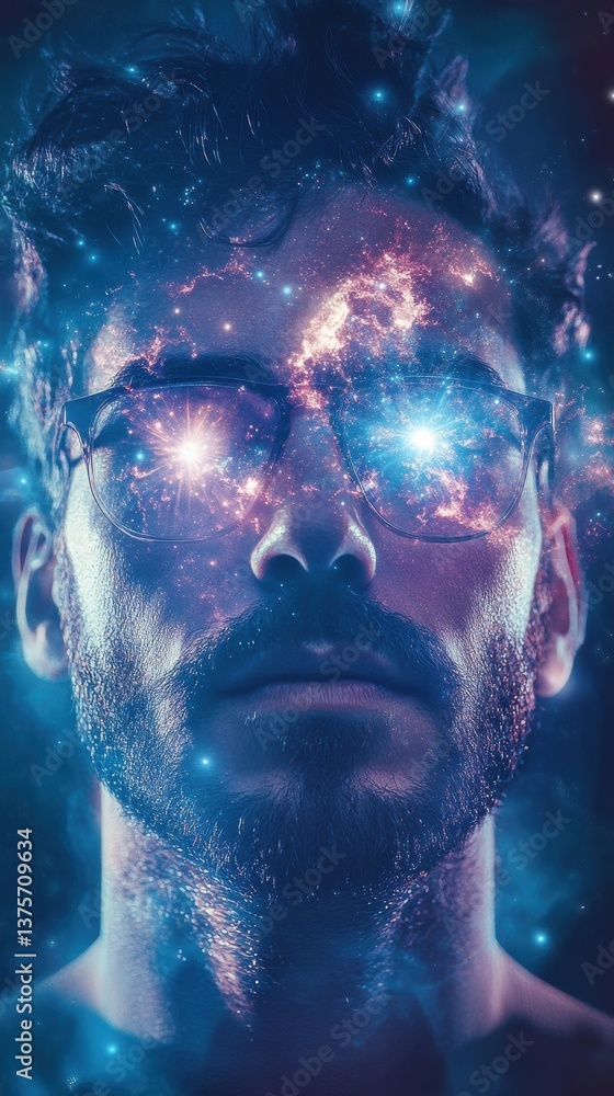 Poster ethereal man with cosmic eyes: a nebula of dreams and futuristic visions in a galactic portrait
