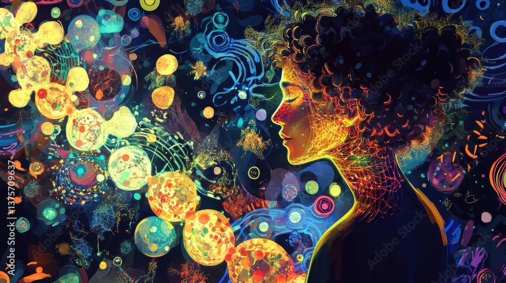 Poster glowing biologist contemplating cellular structures in abstract art - conceptual science, molecular 