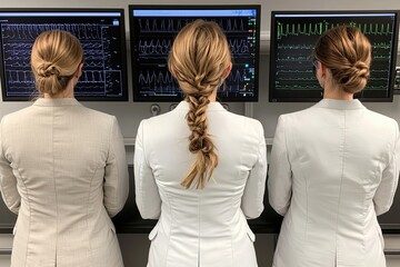 Healthcare professionals analyzing patient data hospital ward digital displays clinical environment rear view medical insights