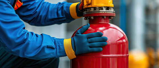 technician secures gas cylinder with safety gloves, ensuring proper handling and safety measures