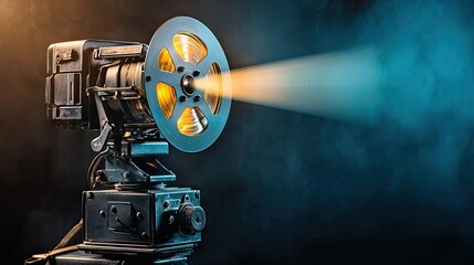 Vintage Film Projector Casting a Beam of Light