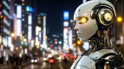 Close Up of a White and Yellow Android Robot in a Blurry Night City