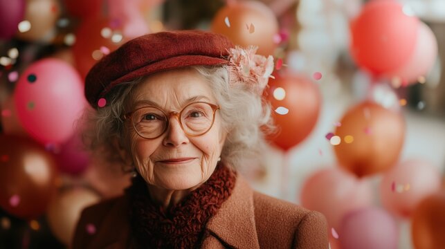 Elderly woman smiling amidst colorful balloons and confetti at a celebration event in a festive atmosphere