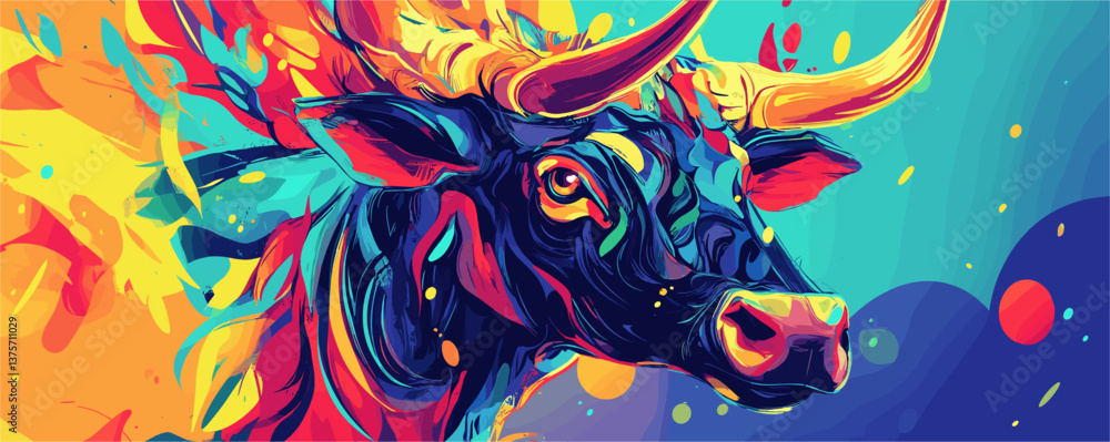 Poster colorful abstract bull portrait with vibrant splashes and dynamic colors in painting style - vector.