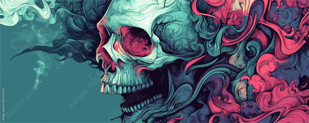 Poster detailed colorful skull with abstract swirls and smoke in a dark background - vector.