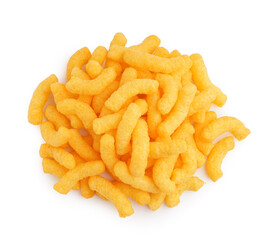 Pile of tasty salty corn sticks on white background