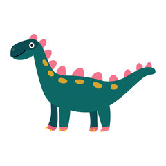 Cute green dinosaur with rounded pink spikes and yellow dots, great for dinosaur-themed decor, early learning graphics, and nursery illustrations.