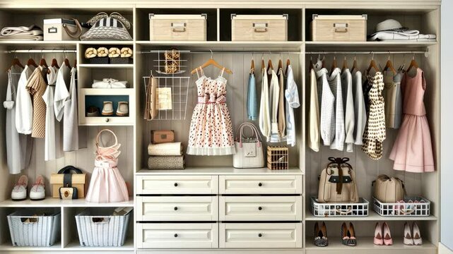 A well-arranged closet displays an assortment of clothing, shoes, and accessories in an organized and appealing manner