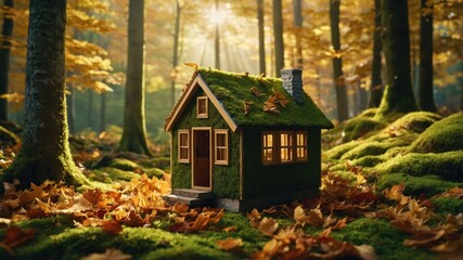Moss Covered Cottage in Autumn Forest with Sunlight Streaming Through Trees