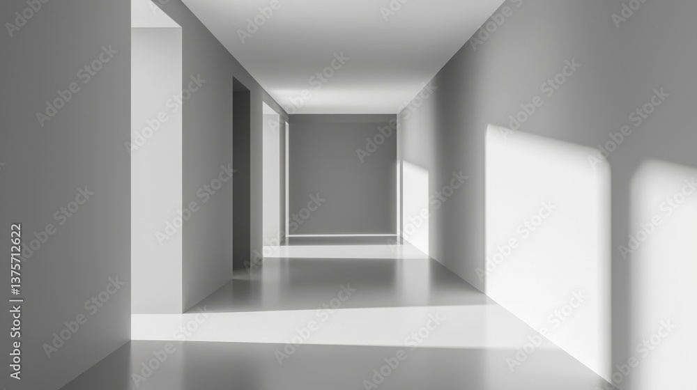 Poster minimalist hallway with light streaming through windows, creating a serene atmosphere.