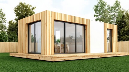 Modern wooden house exterior design with large windows in a serene garden setting