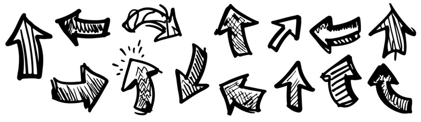 Hand-Drawn Arrow Mark Vector – A Set of Black Grunge Arrows Isolated on White Background